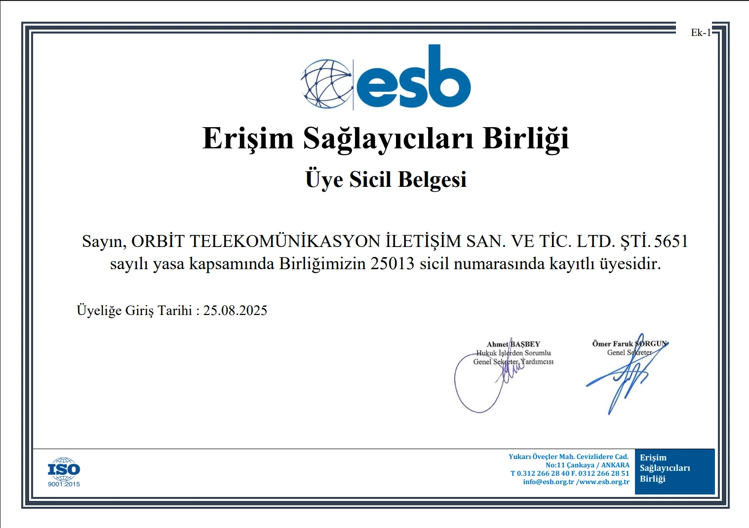 ESB Üyelik Belgesi
